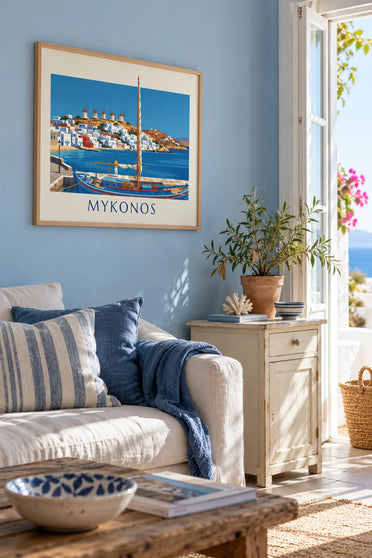 Poster caïque in de haven van Mykonos voor de windmolens van Kato Mili: ingelijst aan de muur