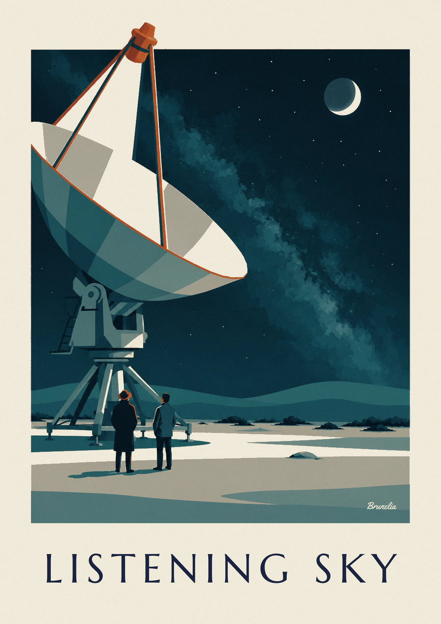 Poster radiotelescoop gericht op een sterrenhemel in de woestijn