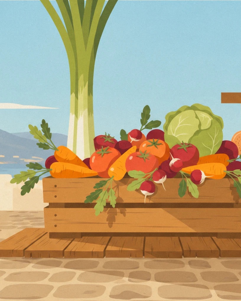 Cagette de bois remplie de carottes, tomates, radis et chou, sous un énorme poireau