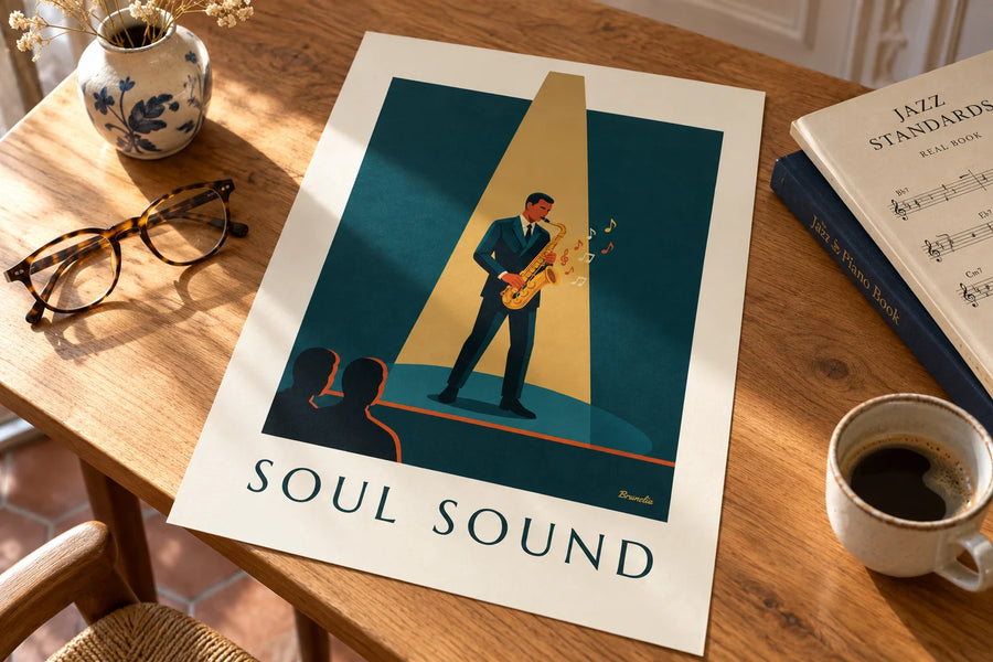 Poster van een gouden saxofoon in een lichtbundel in jazzsfeer: op een tafel gelegd