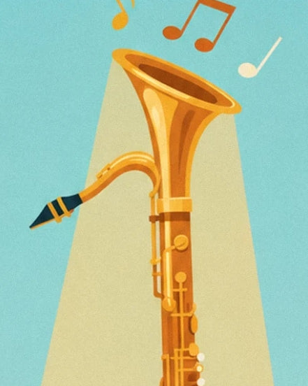 Le pavillon du saxophone doré, entouré de notes de musique sur fond turquoise