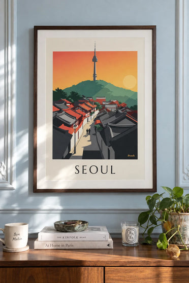 Poster traditionele daken van de wijk Bukchon in Seoel: ingelijst aan de muur