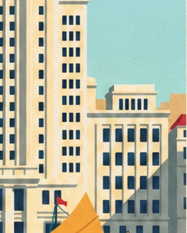 The cream façades of the Bund in Shanghai, their dark windows and an ochre sail