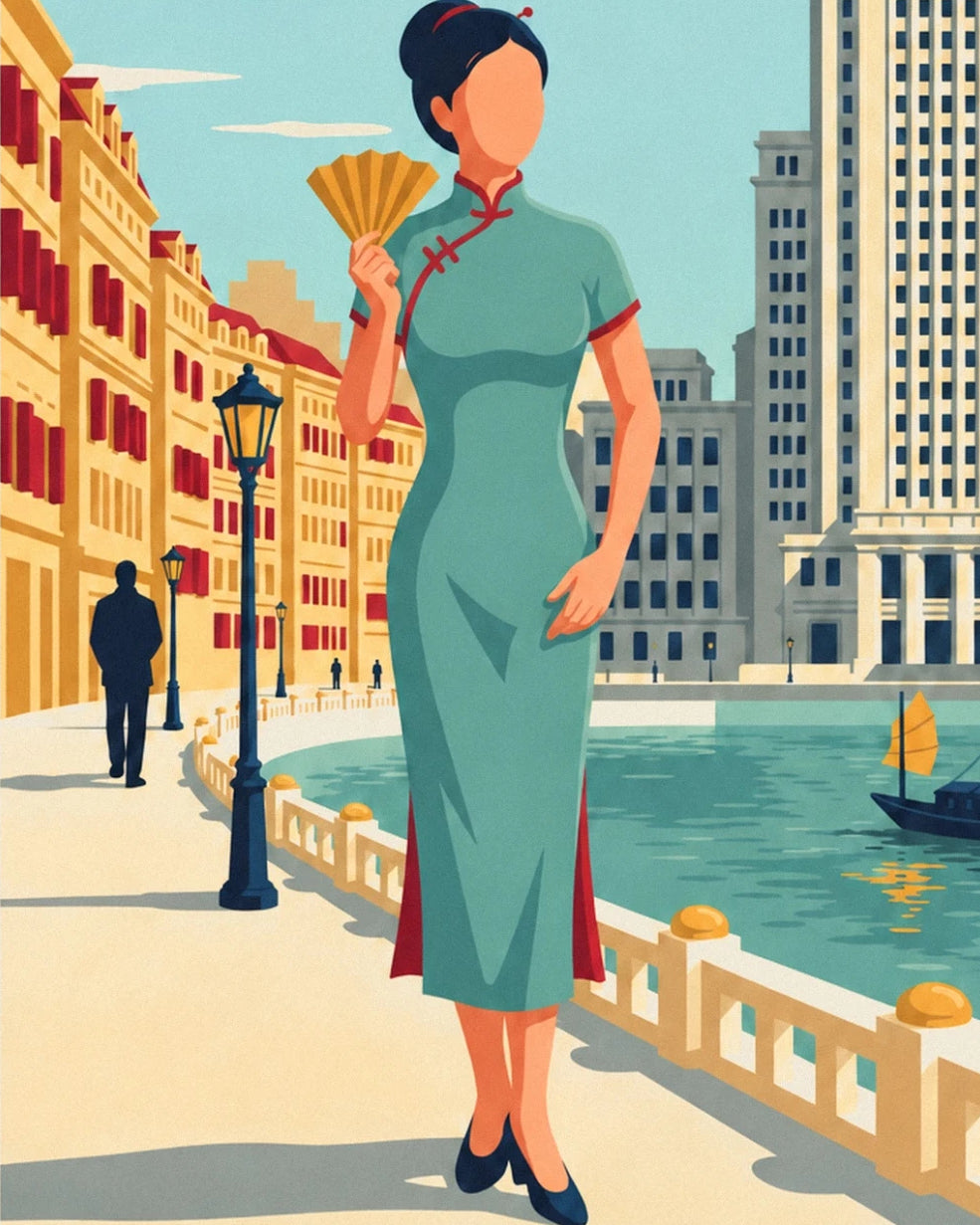 A woman in a green qipao holding a golden fan on the Bund in Shanghai