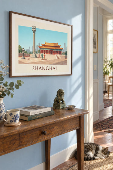 Poster Jing'an-tempel en gouden paviljoenen in Shanghai: ingelijst aan de muur