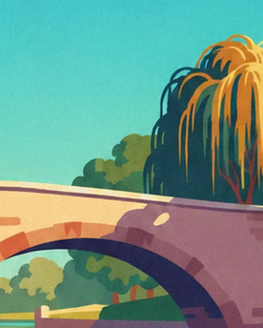 The pink stone bridge and its willow with golden leaves, beneath a turquoise sky