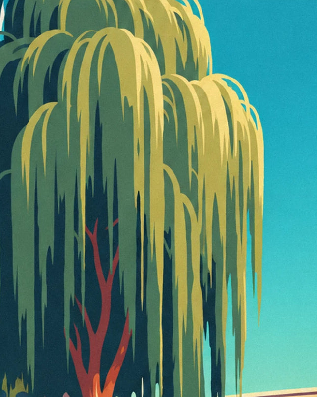 The large weeping willow with olive green leaves and a red trunk, against a turquoise sky