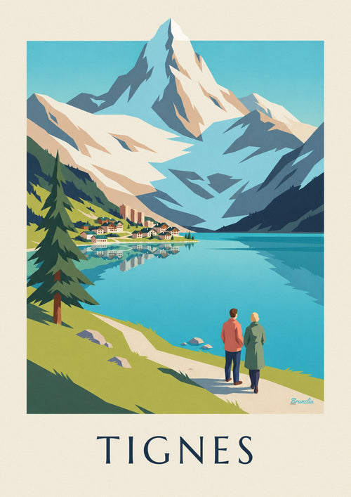 Poster meer van Tignes en besneeuwde toppen van de Grande Motte: de hele poster