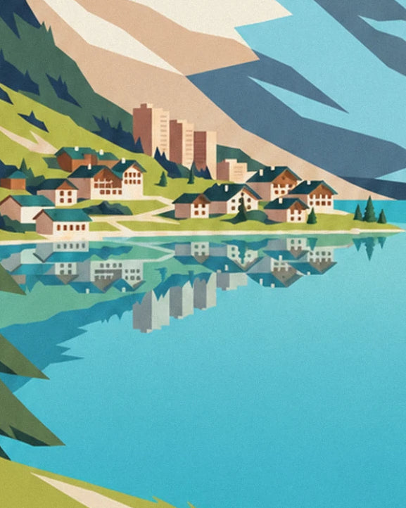 Les chalets de Tignes et leurs toits sombres, reflétés dans l'eau turquoise du lac