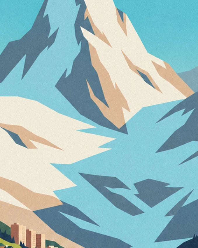 Le sommet enneigé de la Grande Motte, ses arêtes beige et bleu, et 1 immeuble en bas