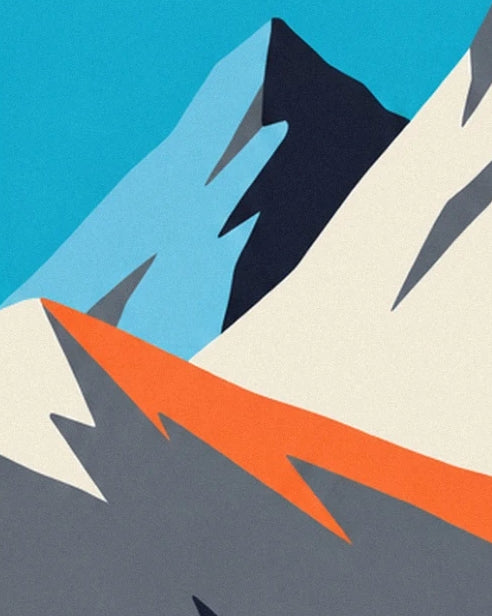The light blue and midnight blue peaks behind a snowy ridge outlined in orange
