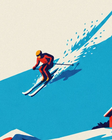 Le skieur en combinaison orange et casque jaune lance une gerbe de neige dans la pente