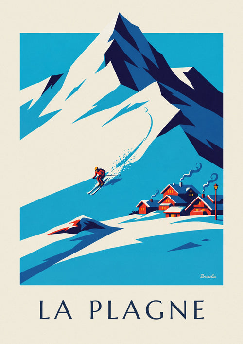 Poster van een skiër op de piste in La Plagne tegenover Bellecôte: de hele poster