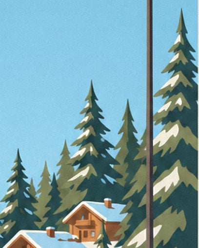 Fir trees with snow-dusted branches and wooden chalets with white roofs