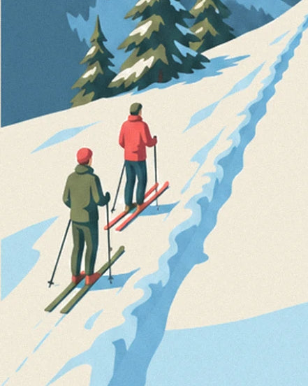 The 2 skiers seen from behind, in green and red jackets, on the snowy slope