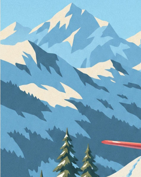 Blue-tinged mountains with snowy peaks, with the plane's red wing passing in the distance
