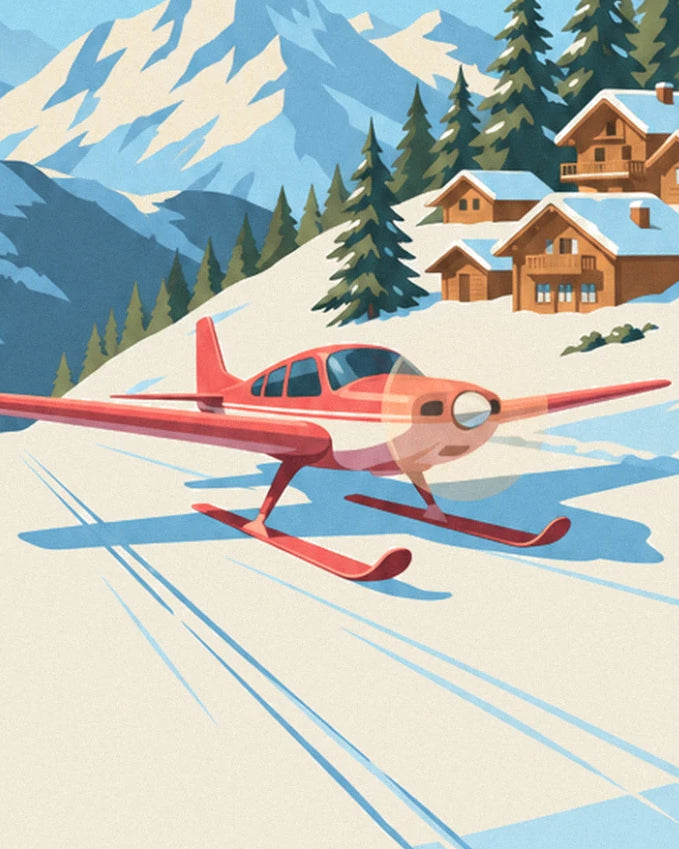 The small red plane on skis, resting on the snow facing the wooden chalets
