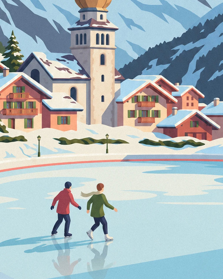 Poster schaatsers op de ijsbaan van Chamonix en de Aiguille du Midi: detail in close-up