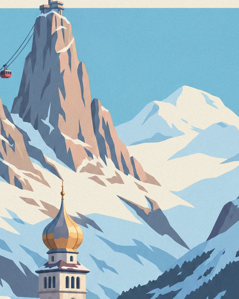 Poster schaatsers op de ijsbaan van Chamonix en de Aiguille du Midi: detail in close-up