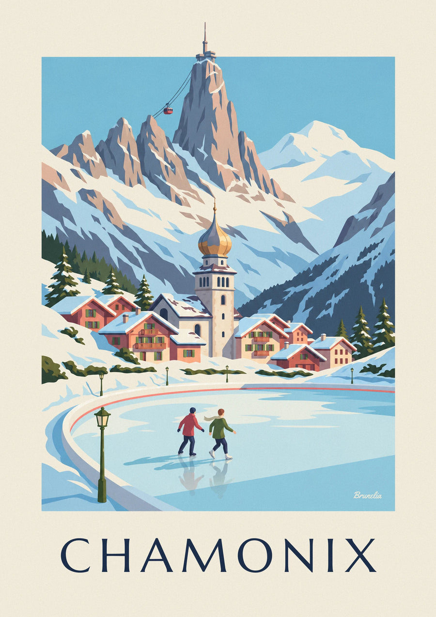 Poster schaatsers op de ijsbaan van Chamonix en de Aiguille du Midi