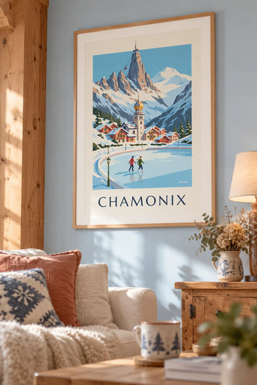Poster schaatsers op de ijsbaan van Chamonix en de Aiguille du Midi: ingelijst aan de muur