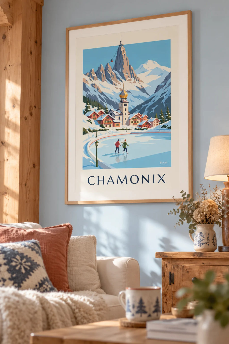 Poster schaatsers op de ijsbaan van Chamonix en de Aiguille du Midi: ingelijst aan de muur