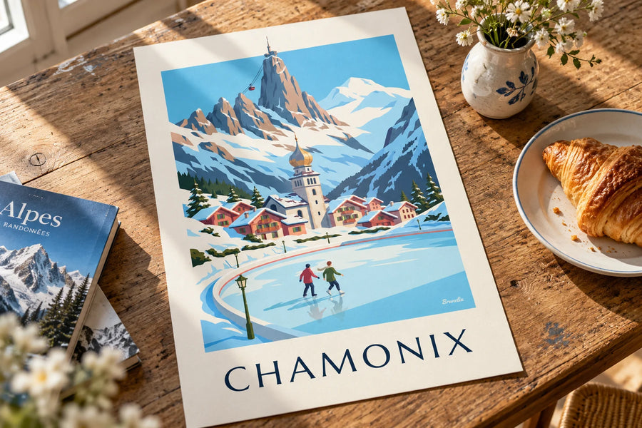 Poster schaatsers op de ijsbaan van Chamonix en de Aiguille du Midi: op een tafel