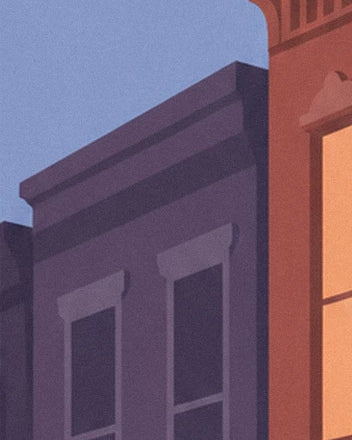 Purple façade with dark windows beside a red brick house with a lit window