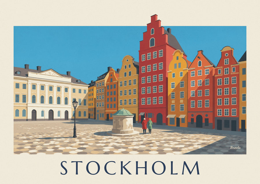 Poster kleurrijke gevels van Stortorget in Gamla stan in Stockholm