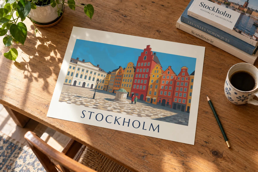 Poster met kleurrijke gevels van Stortorget in Gamla stan in Stockholm: op een tafel