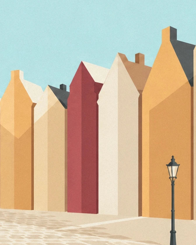 The tall ochre, red and cream façades of Stortorget with a black street lamp