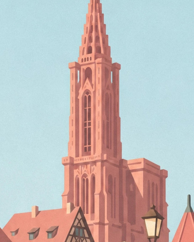 The pink spire of Strasbourg cathedral above the rooftops and a street lamp