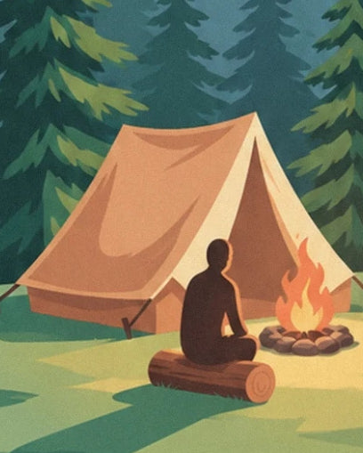 Un campeur assis sur un rondin devant une tente orangée et un feu de camp