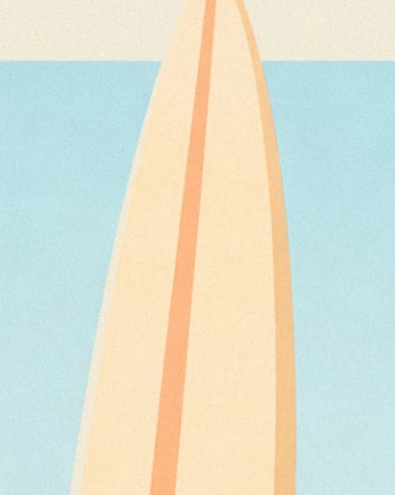 The pale yellow surfboard with orange lines against the turquoise sea