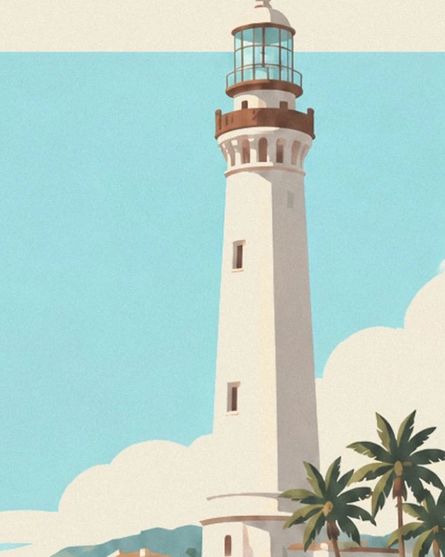 Le phare blanc de Byron Bay, sa lanterne vitrée et les palmiers à son pied