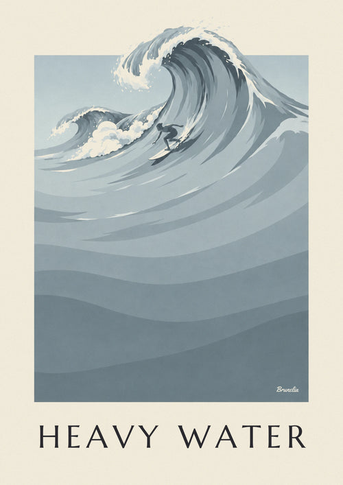 Affiche surfeur et vague géante en camaïeu gris-bleu : l'affiche entière
