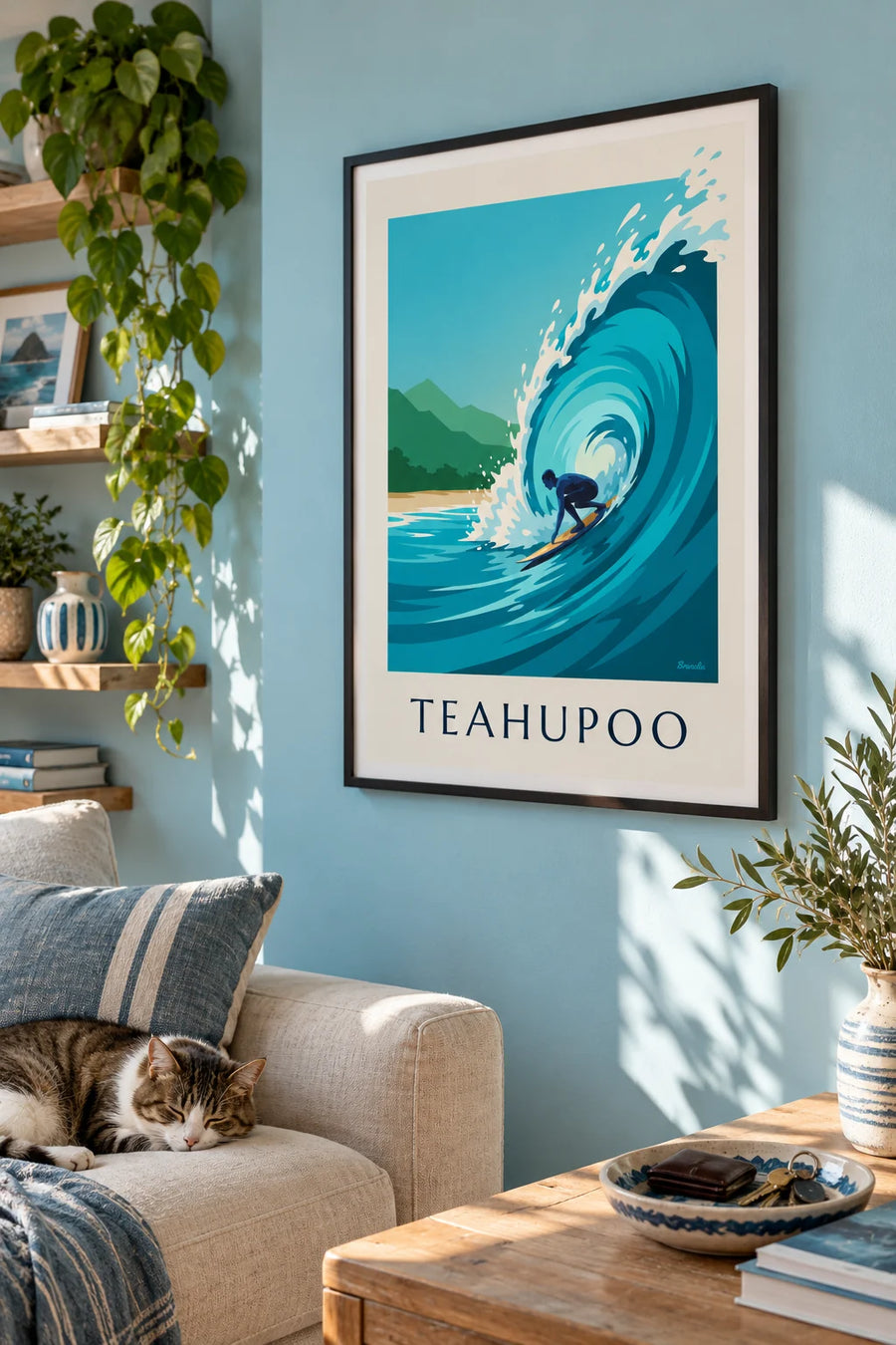 Poster of a surfer in the barrel of the Teahupoo wave in Tahiti: framed on the wall