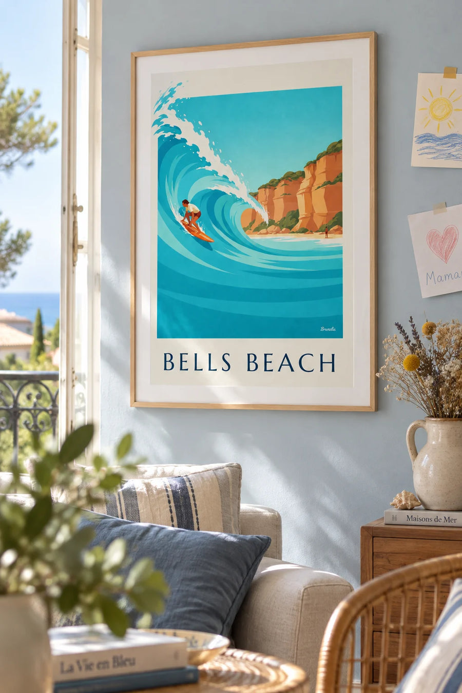 Surfer poster on the Bells Beach wave in Australia: framed on the wall