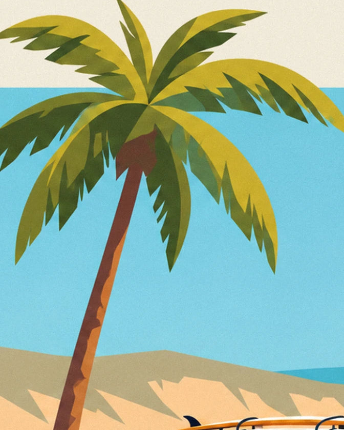 The palm tree with green fronds silhouetted against the blue sky above the dune