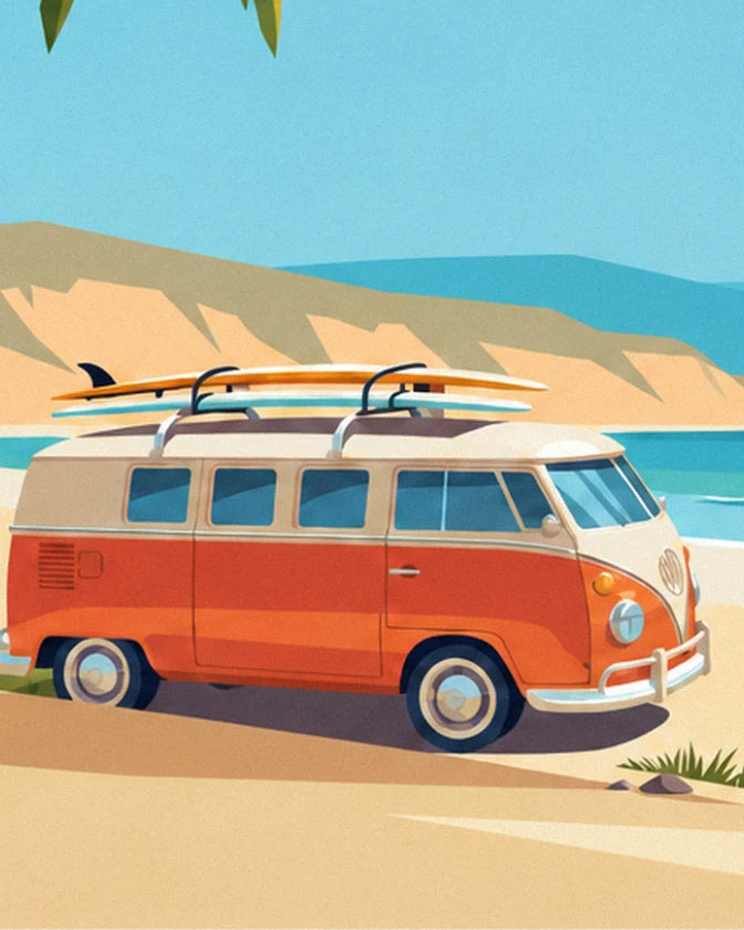 The orange and cream van with 2 surfboards on the roof, parked beside the beach