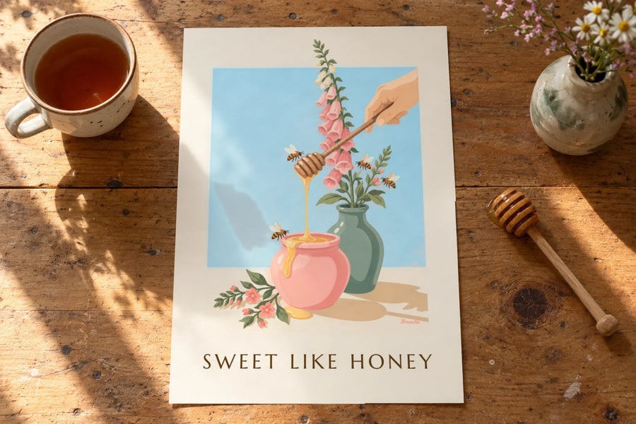 Poster pot gouden honing, houten lepel en bijen: op een tafel