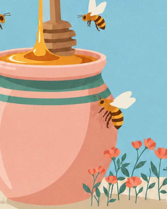 Le pot rose rayé de vert, son miel doré qui coule et 2 abeilles