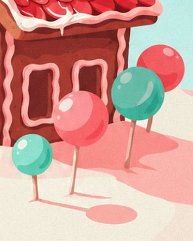The pink and turquoise lollipops in front of the icing-trimmed windows