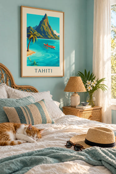 Poster van een Polynesische prauw op de oceaan bij Tahiti: ingelijst aan de muur