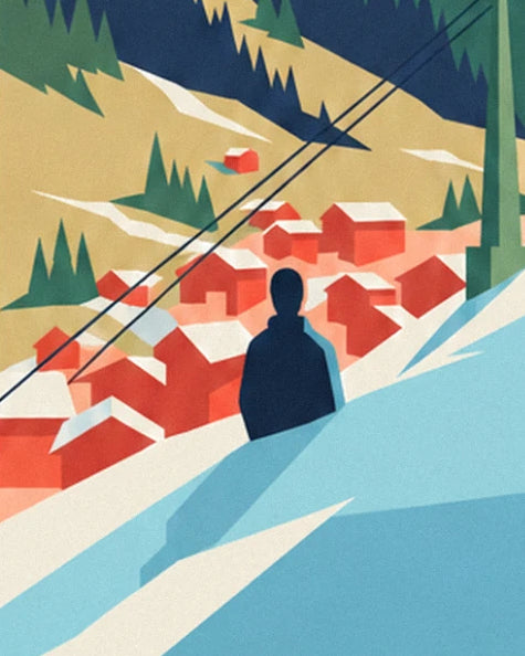 The skier in a dark coat facing red chalets with snowy roofs, beneath the cable