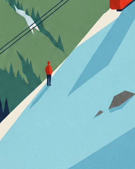 The skier in a red anorak on the blue slope, beneath the cables and red cable car