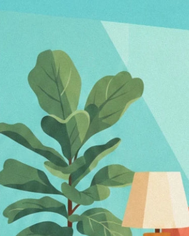 The plant's broad green leaves beside a lamp with a cream shade