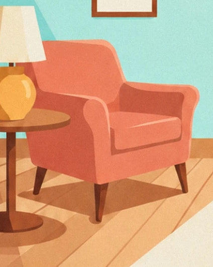 The coral armchair beside a round table and a lamp with a yellow base