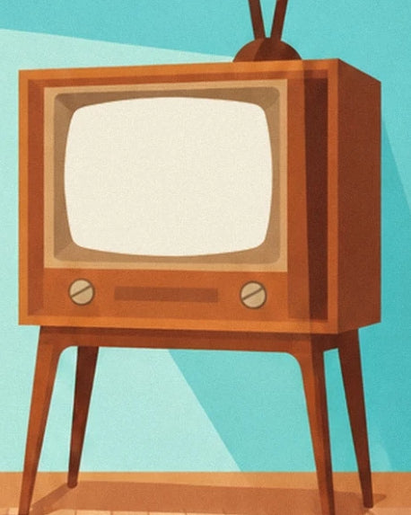 The wooden television on legs, with its cream screen and 2 control knobs