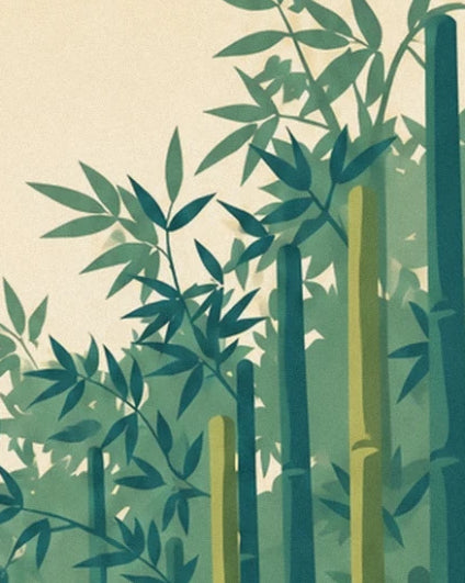 Slender bamboo leaves against a bright cream background